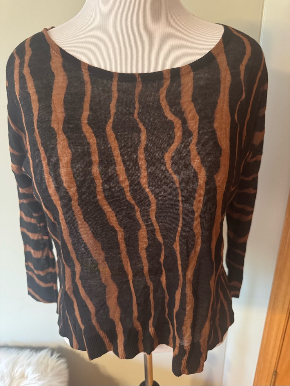 LOFT Brown and Black Striped Boatneck Sweater